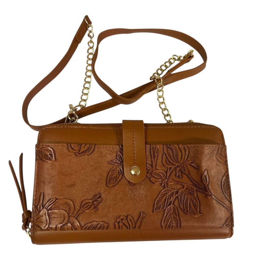 Embossed Floral Tan Crossbody Bag w/ Removable Strap